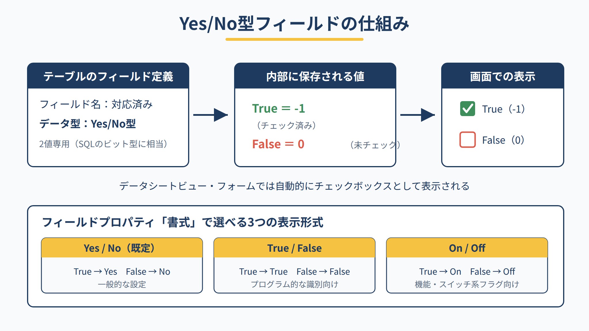 AccessのYes/No型フィールドの仕組み:True(-1)とFalse(0)の内部値とチェックボックス表示・書式3種類の図解